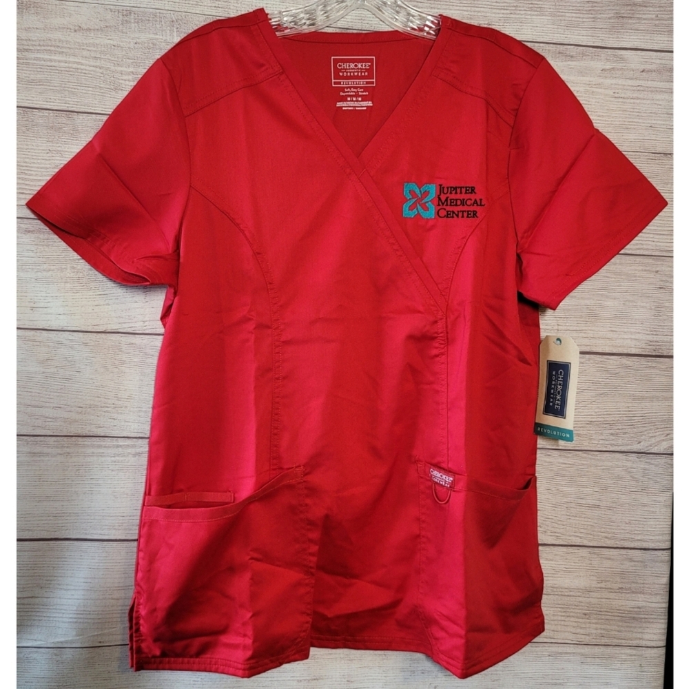 Cherokee Workwear Women's V-Neck Scrub Top Size M Jupiter Medical Center Red